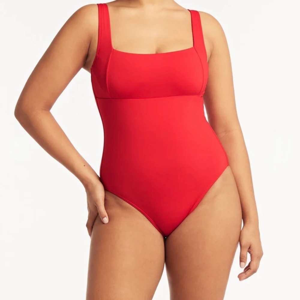 🌻 Sea Level Australia Eco Essentials Square Neck Red One-Piece Swimsuit size 14